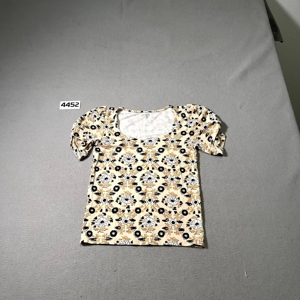 LOFT Outlet Cropped Blouse Top Womens XS Beige Floral‎ Round Neck Puff Sleeve